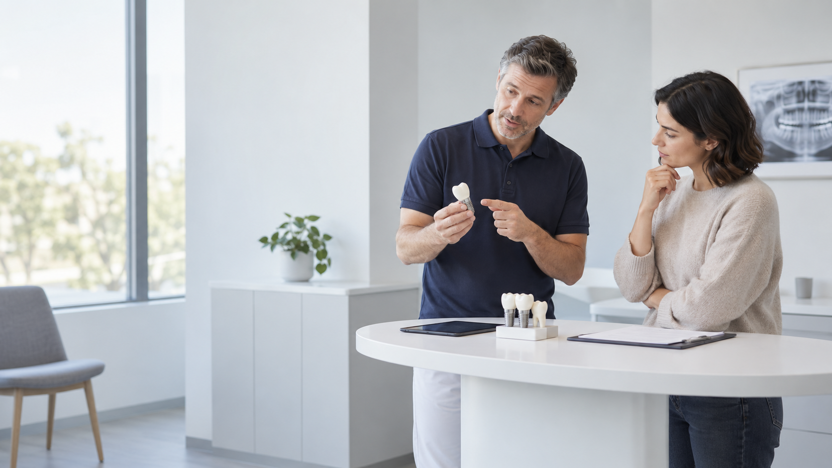 Gespräch im Stehen an einem Besprechungstisch, Modell dazwischen in einer Zahnarztpraxis