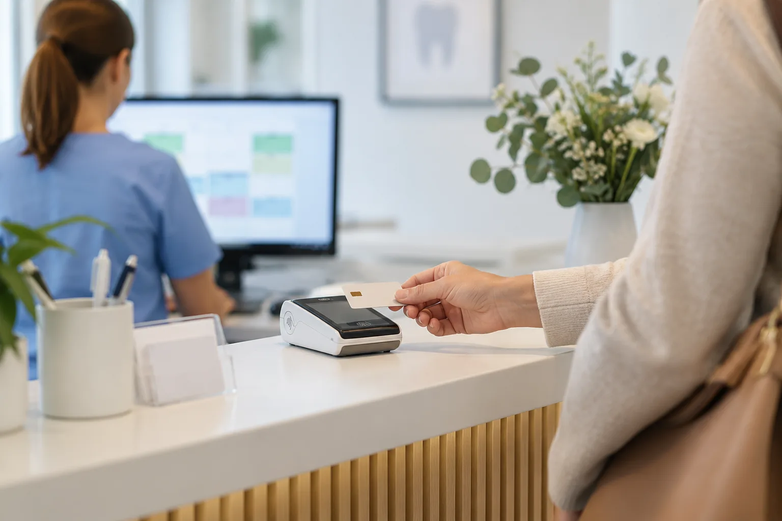 Patientin am Kartenlesegerät und ZFA am Empfang vor einem Bildschirm mit nicht lesbarer Praxisansicht.