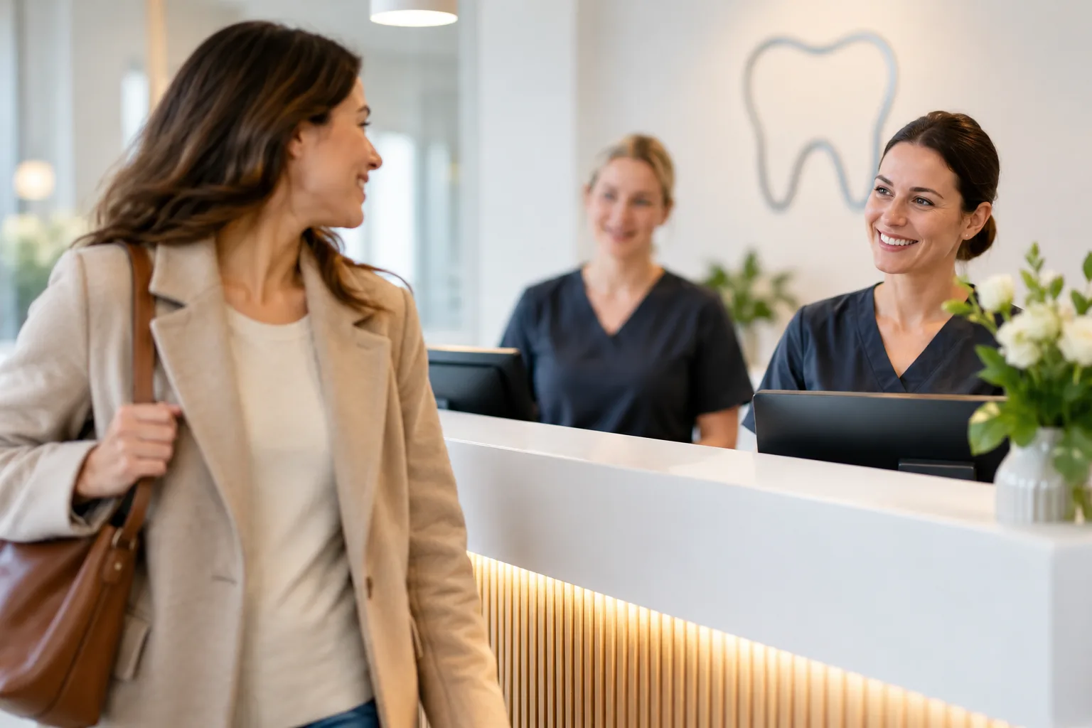 Patientin verabschiedet sich am Empfangstresen von zwei Mitarbeitenden des Praxisteams.