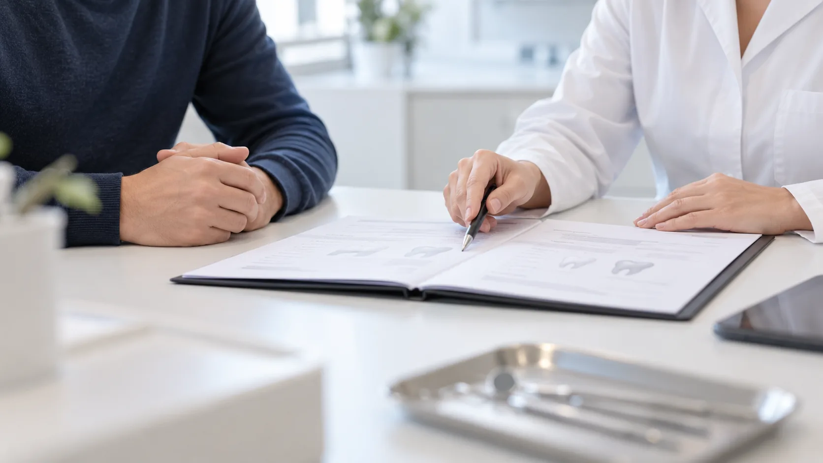 Patient und Zahnärztin besprechen an einem Tisch einen aufgeschlagenen Behandlungsplan.