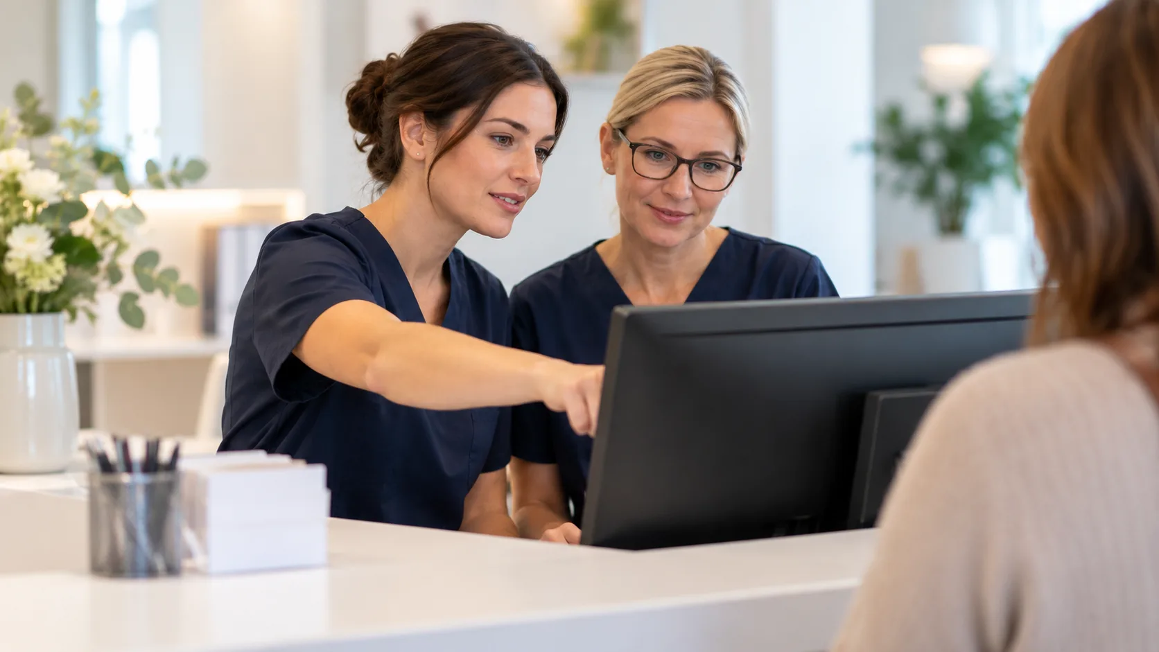 Zwei Mitarbeiterinnen am Praxisempfang zeigen einer Patientin Informationen auf einem Bildschirm.