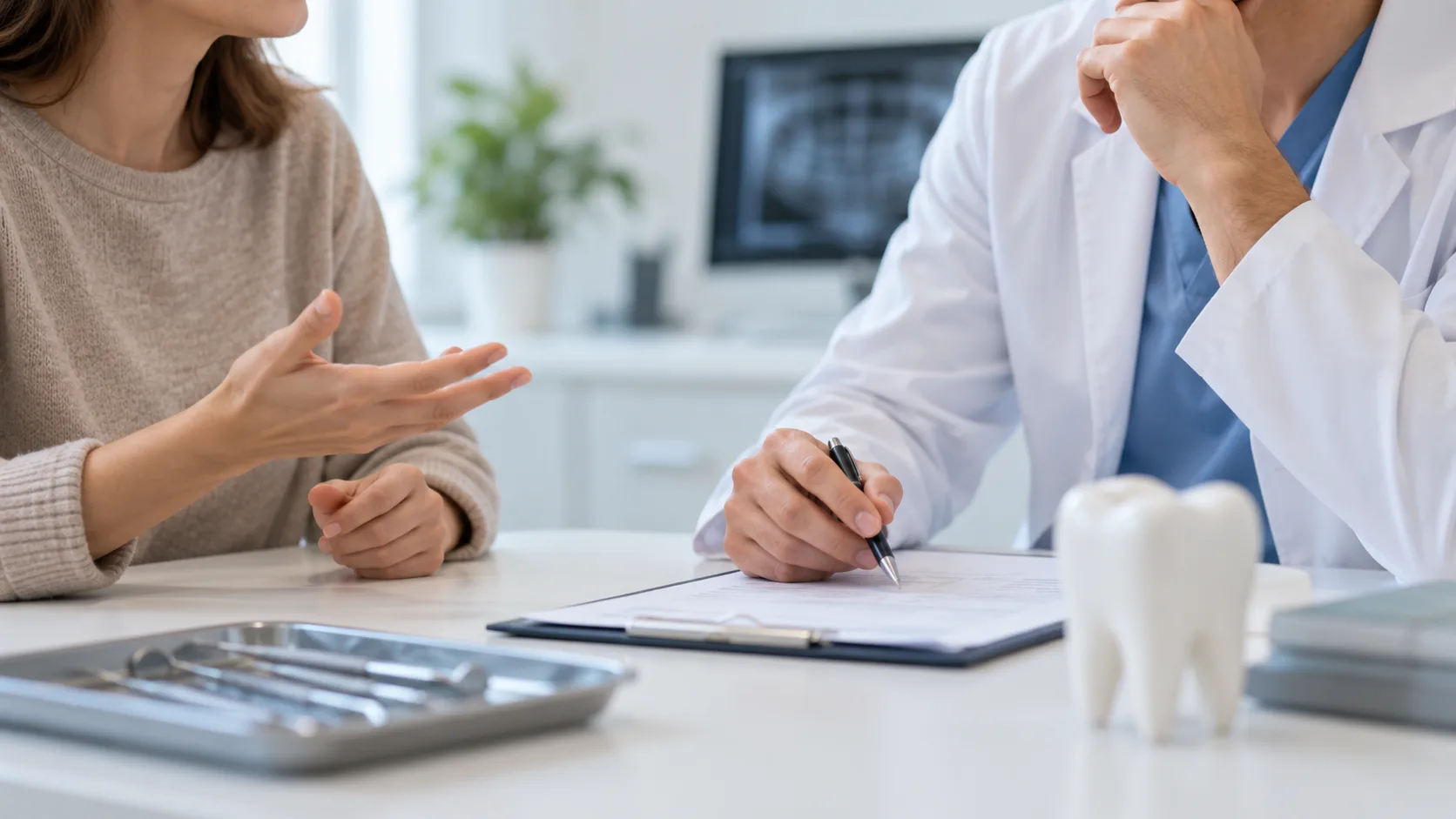Patientin spricht mit einem Behandelnden am Besprechungstisch, vor beiden liegen Unterlagen.