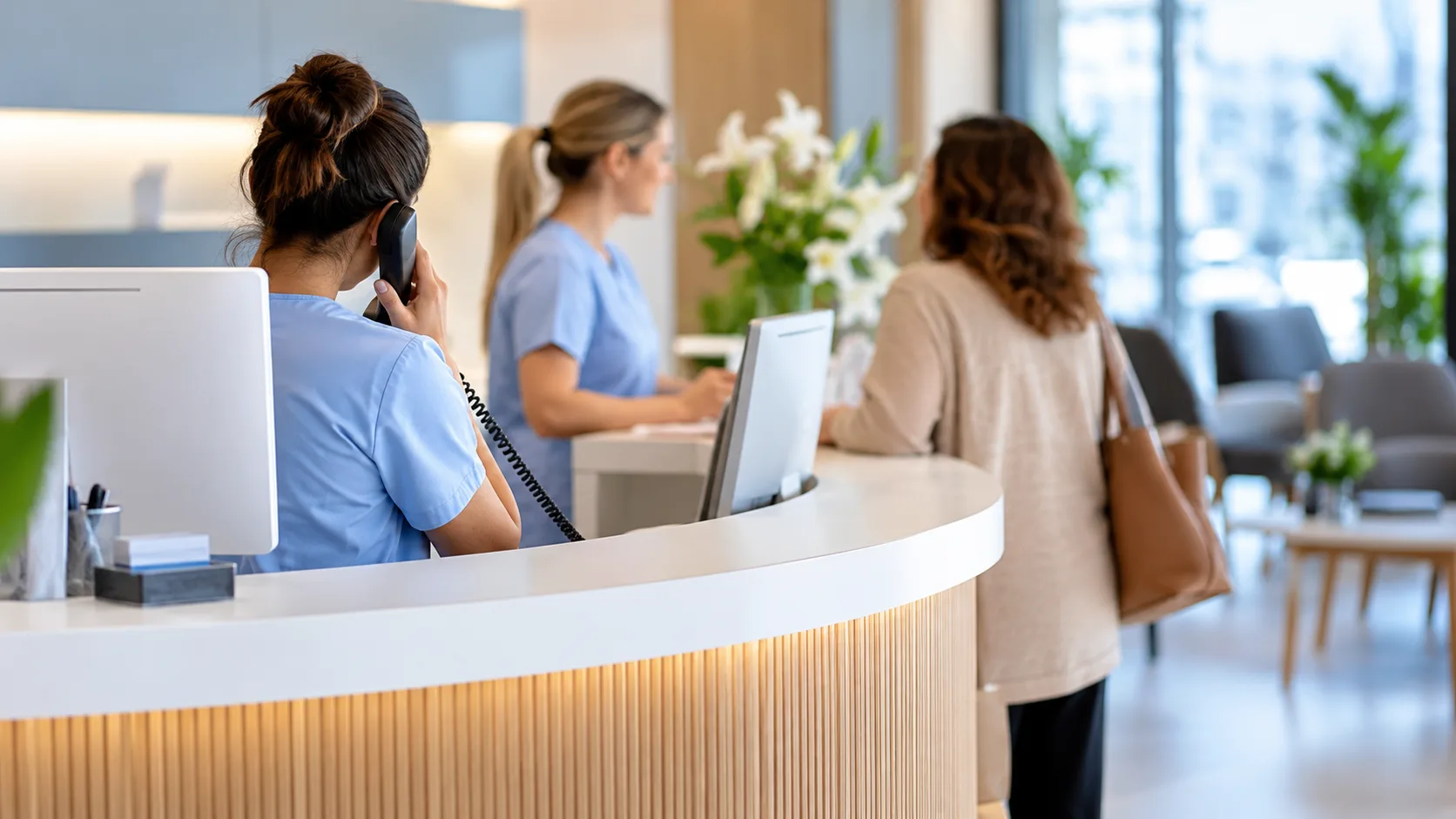 Zwei Praxismitarbeiterinnen am Empfang, eine telefoniert, die andere spricht mit einer Patientin; Wartebereich im Hintergrund.