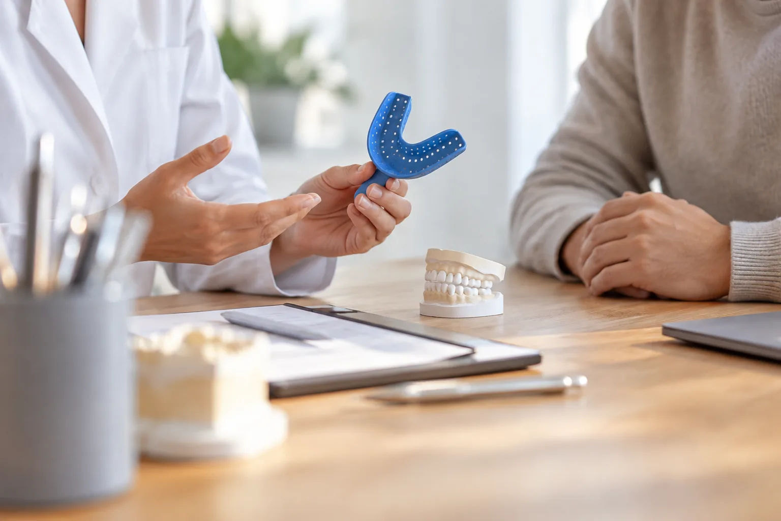 Zahnärztin und Patient am Besprechungstisch mit individuellem Abformlöffel, Kiefermodell und Unterlagen.
