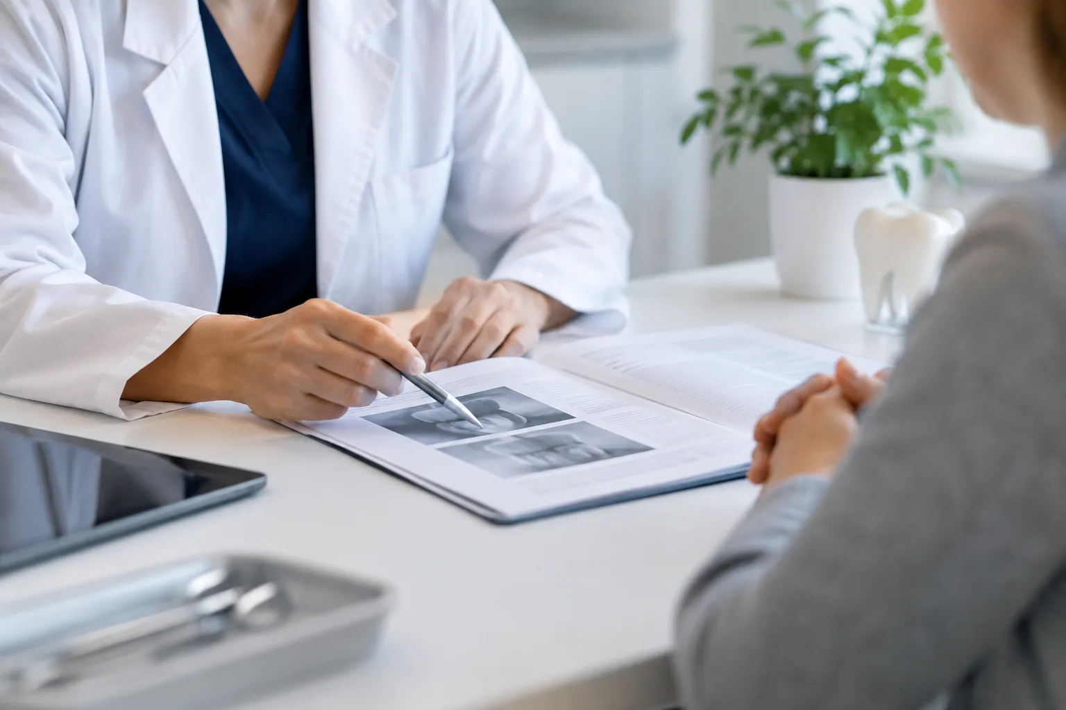 Patient und Behandelnde sitzen am Tisch und besprechen gemeinsam einen aufgeschlagenen Behandlungsplan.