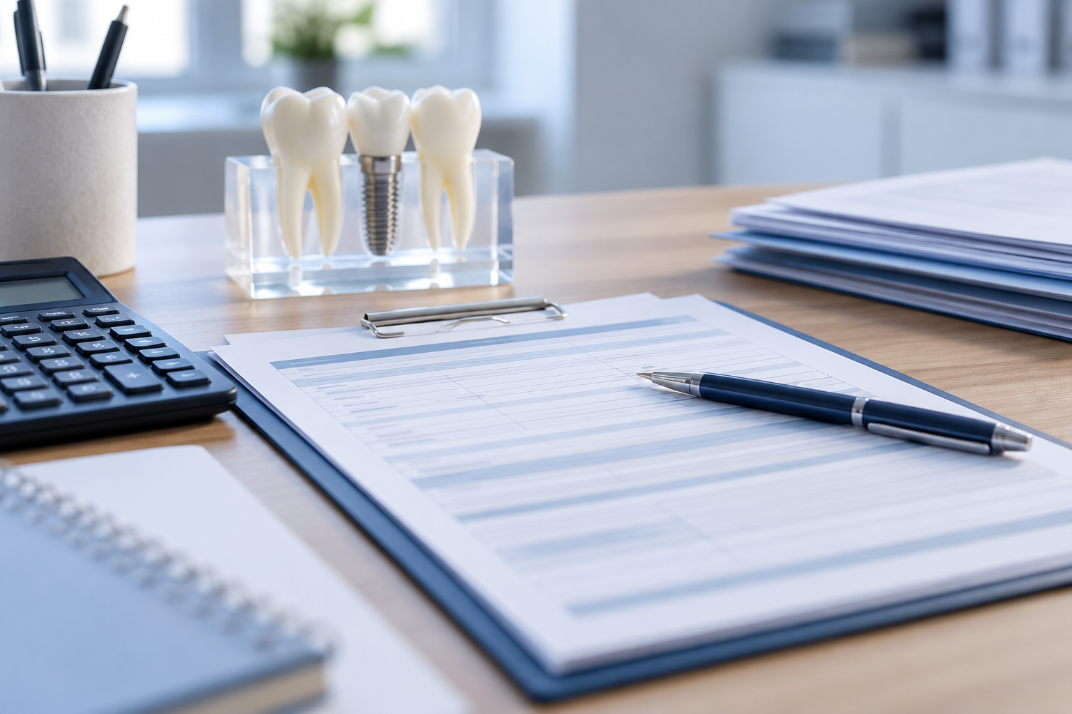 Schreibtisch mit Kostenplan, Taschenrechner und Zahnmodell mit Implantatdarstellung.