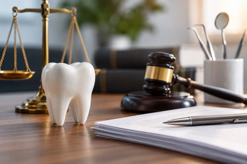 Zahnarztrechnung neben Zahnmodell, Aktenordner und Richterhammer zum gerichtlichen Mahnverfahren