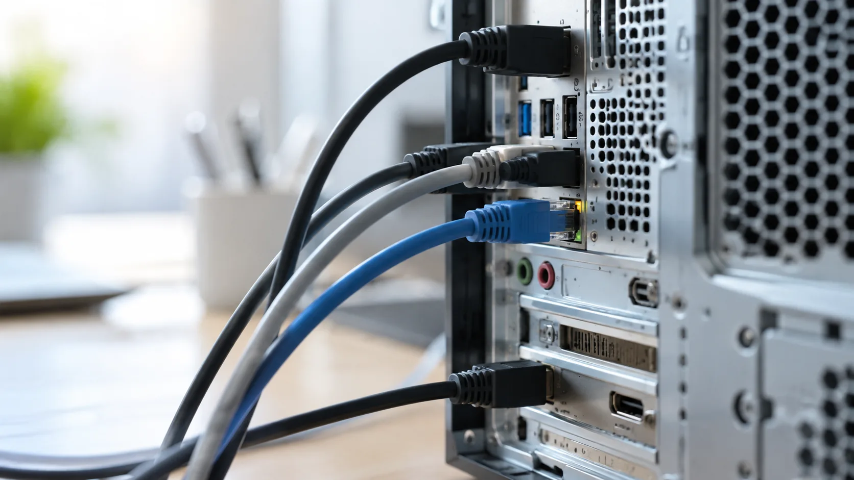 Rückseite eines Praxisrechners mit Netzwerk-, USB- und weiteren Anschlüssen.
