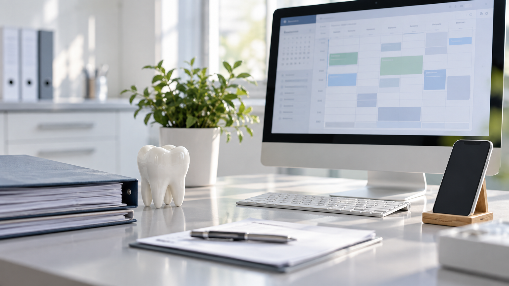 Arbeitsplatz einer Zahnarztpraxis mit Computer, Kalenderansicht und Smartphone zur digitalen Terminverwaltung.