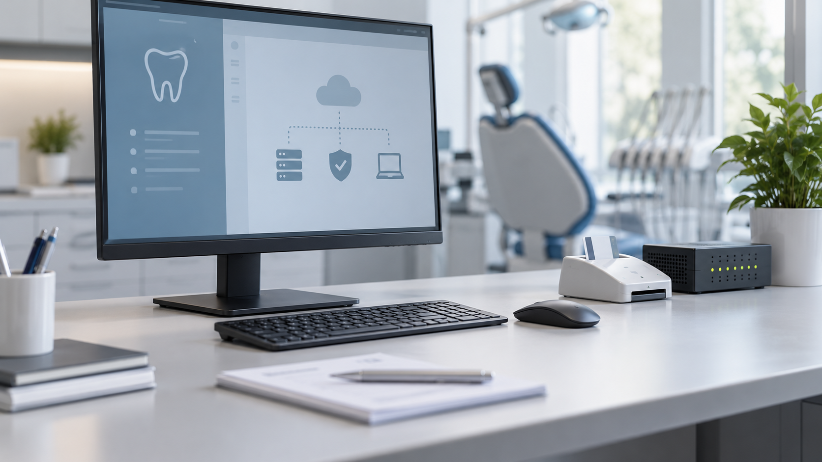 Digitaler Arbeitsplatz in einer Zahnarztpraxis mit Kartenlesegerät und Praxis-IT.